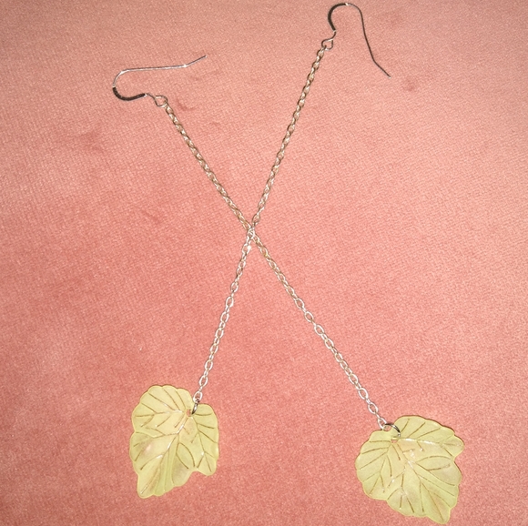 Solid 925 REAL Sterling Silver Wires Long Chain Dangle Green Leaf Earrings New - Picture 5 of 8